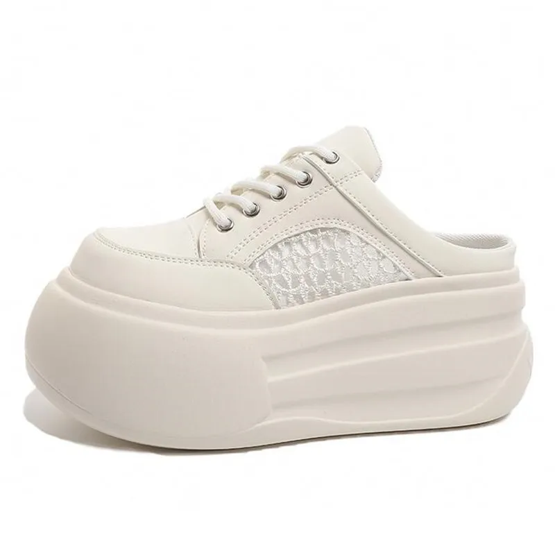 7.5CM Half Slippers Spring Summer Women's Casual Shoes Platform Ladies Slippers Lace Up Elevator Shoe Low Top Female Footwear