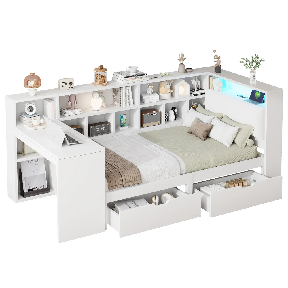 90x200 L-förmiges Plattformbett aus Holz mit Schreibtisch und Bücherregal, Eckkapitänsbett mit gepolstertem Kopfteil, Schubladen, LED-Licht – Detail 9