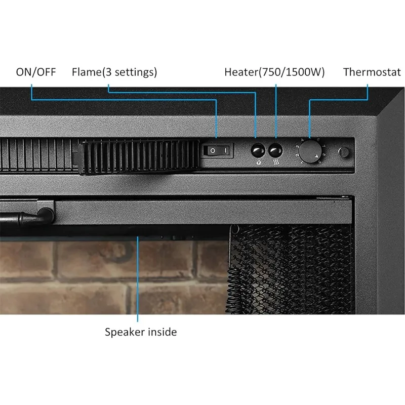 PuraFlame Klaus Electric Fireplace Insert with Fire Crackling Sound Glass Door and Mesh Screen, 750/1500W, Black