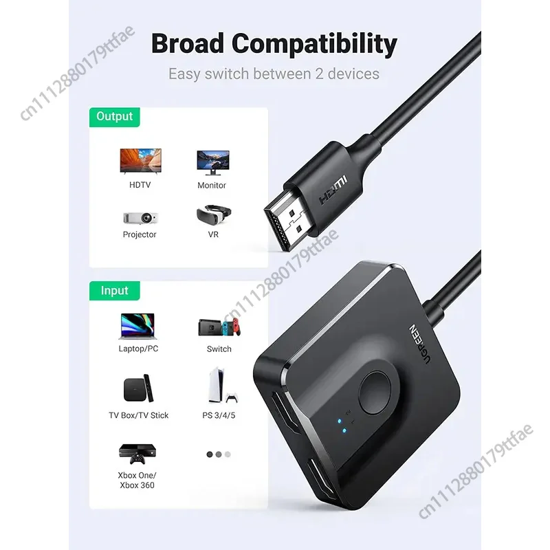 Original UGREEN HDMI Switch 4K@60Hz Bidirectional 2 in 1 Out 1 in 2 Out HDMI Splitter with 3.3FT Cable Support HDR 3D HD