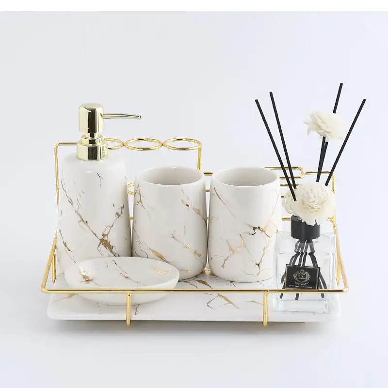 Ceramic Bathroom Products Toothbrush Holder Platinum Marble Texture Lotion Bottle, Soap Box Rack Decoration Accessories