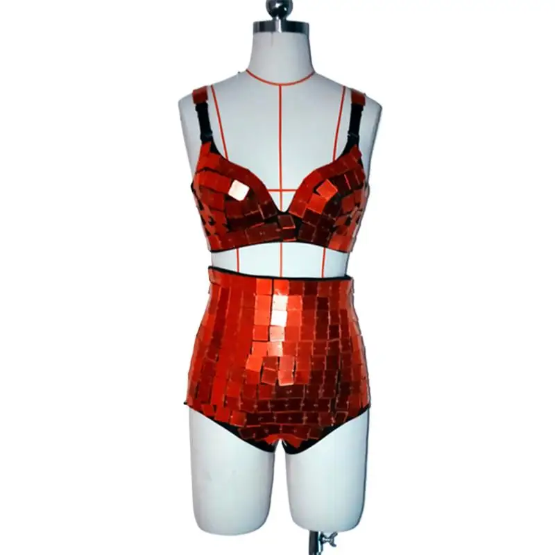 

Silver Red Gold Mirror Bra High Waist Shorts 2 Pieces Outfit Bar Club Party DJ Female Singer Team Sexy Bikini Set Dance Costumes