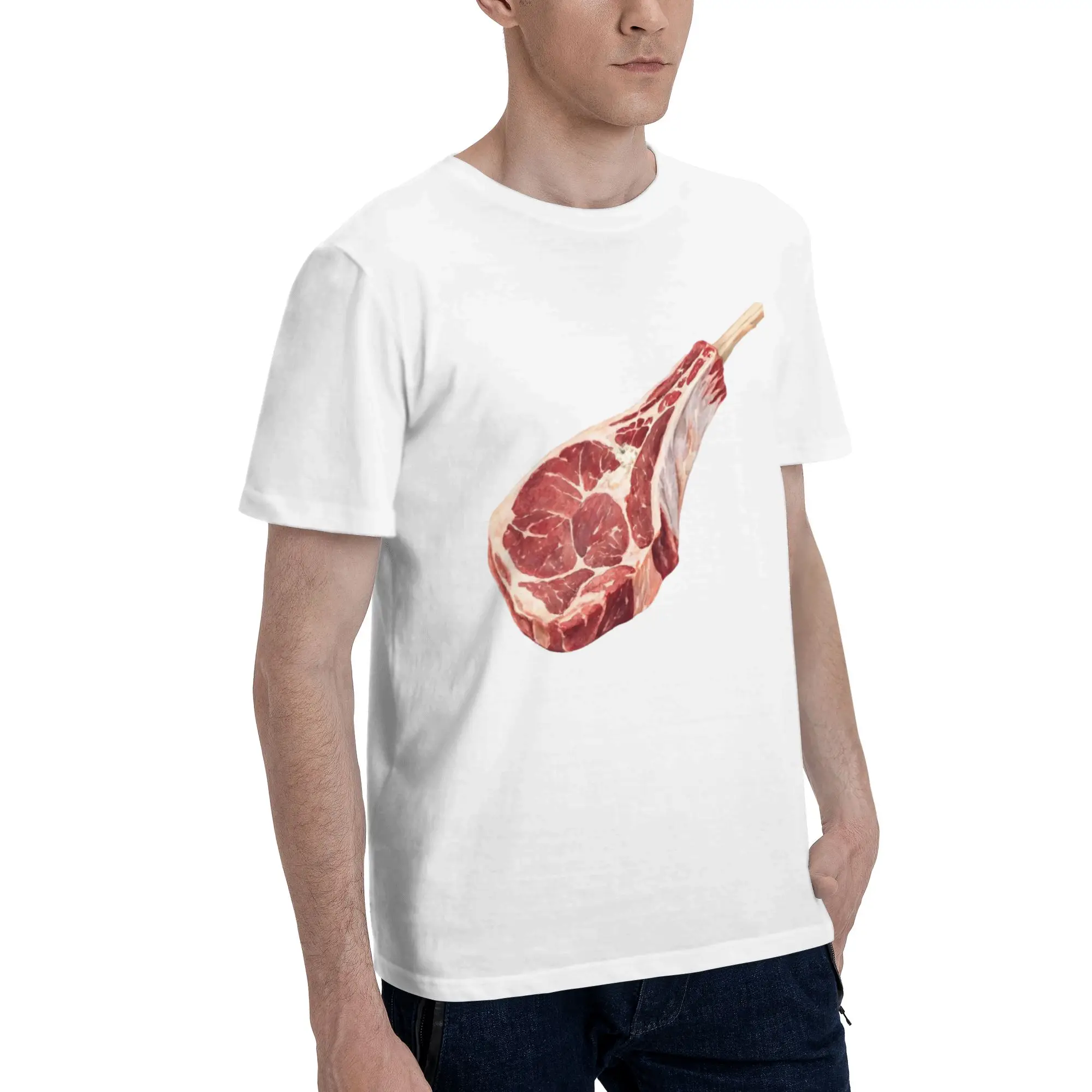 Raw Tomahawk Steak Meat Photo Men T Shirts  Fashion Tee Shirt Short Sleeve Crewneck Pure Cotton Unique Clothing T-Shirt