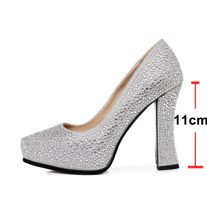 ANNYMOLI Women Platform Thick High Heels Pointed Toe Crystal Party Wedding Pumps Spring Sexy Shoes Black Silver 33-40