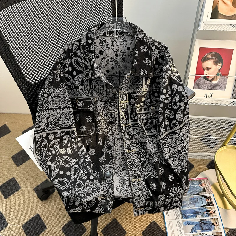 

Spring Summer Denim Jacket Men's Trendy Handsome Loose Casual Long Sleeve Jackets Retro Print Coats Social Party Men Clothing