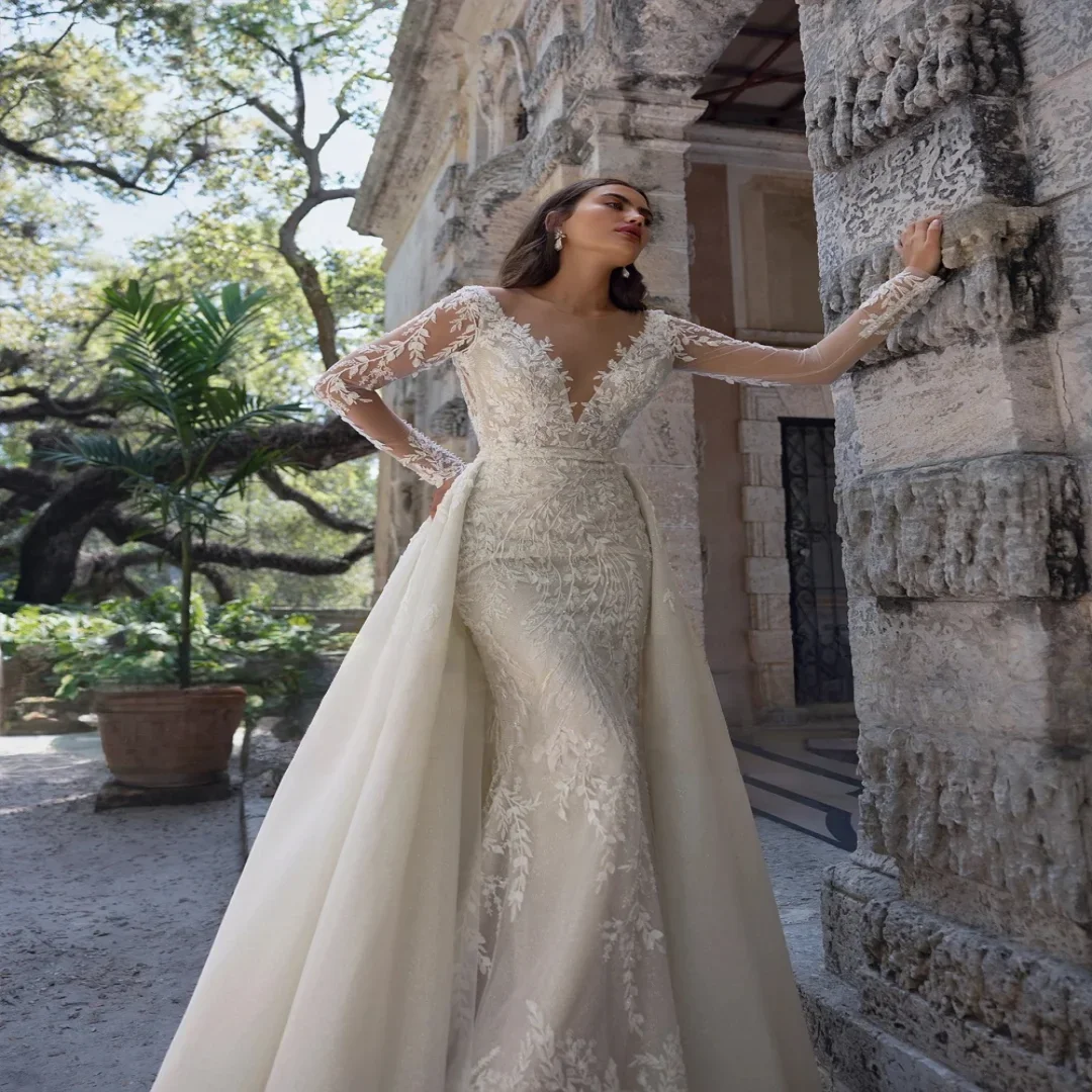 

Первобелые индивидуальные кружевные свадебные платья русалки из двух частей с длинными рукавами и бисером, с открытой спиной, со съемным шлейфом