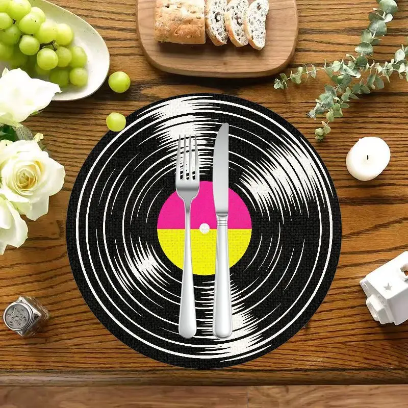 VIKAMA Retro Vinyl Record Pink Yellow Center Music Round Placemats Heat Resistant Washable Non Slip Modern Bar Dining Decor