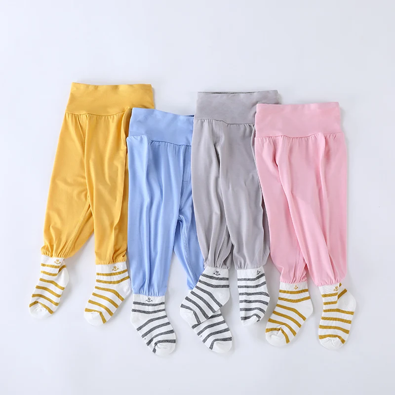 Baby Footed Pants Newborn Baby Girl Boy High Waist Pyjamas Pants Infant Summer Autumn Long Trousers With Socks Elastic Sleepwear