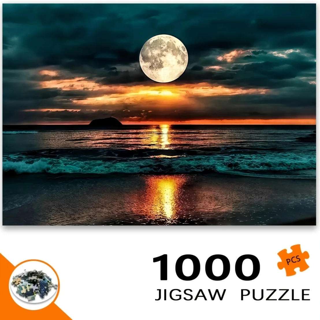 จิ๊กซอว์ภาพพระอาทิตย์ตกดินบนชายหาด 1000 ชิ้น - ทิวทัศน์ท้องฟ้าและมหาสมุทรที่เงียบสงบ พร้อมโทนสีส้ม เหลือง เขียว น้ำเงิน และน้ำตาลที่สดใส -