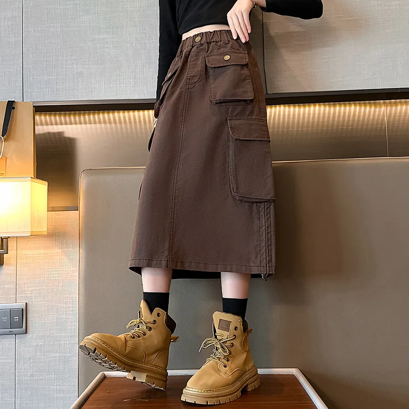 teenage girls long skirt autumn cotton Korean cargo A-line skirts kids clothes mid calf high waist pocket children 6 to 16 years