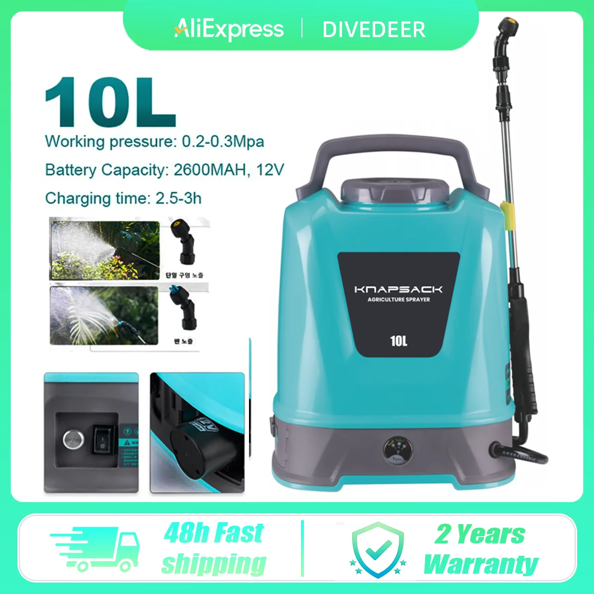 DIVEDEER 10L Electric Sprayer Rechargeable High-Pressure Disinfectant and Insecticide Sprayer for Gardening and Agriculture