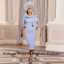 Light Blue Mother of The Bride Dress with Jacket Modern Sleeveless Pleat Tea Length Party Dresses Jersey Wedding Guest Gown