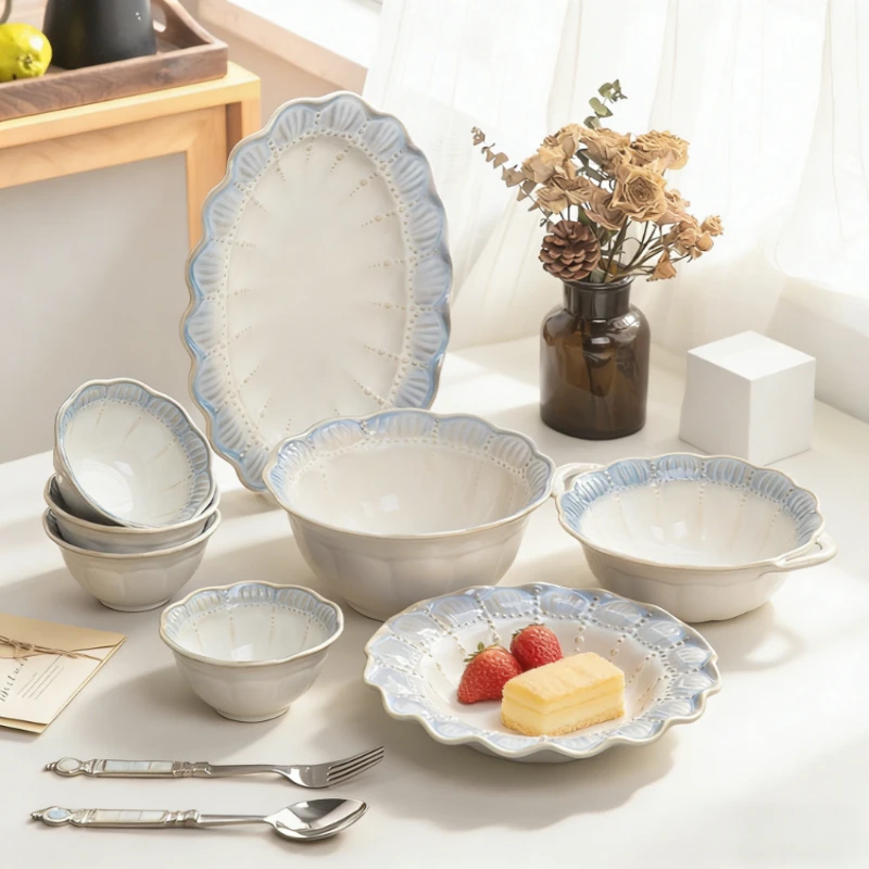 Smoky Blue Ceramic Dinnerware Set French Embossed Rice Bowls Luxury Light Luxury Tableware Bowl Plated Household Party Tableware