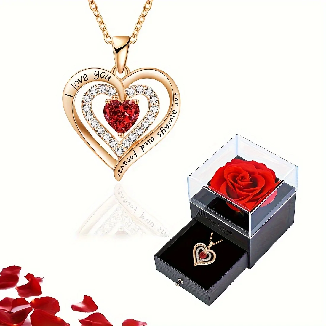 Collares con colgante de circón rojo de lujo con caja de regalo de flor rosa para novia y mujer, regalos te amo, joyería de boda de moda 2024