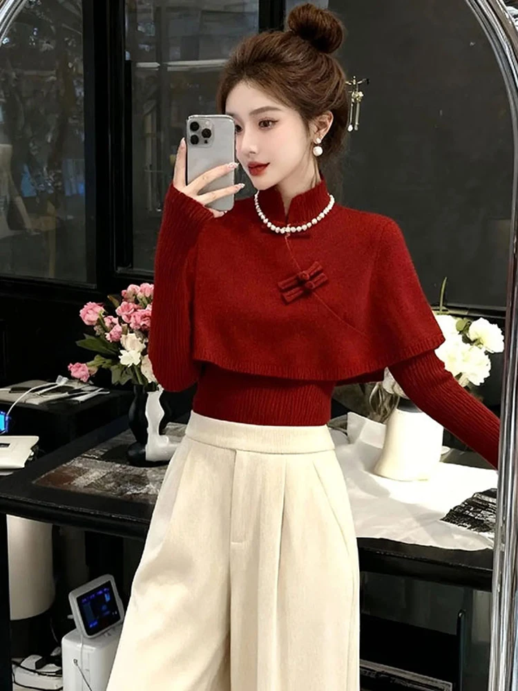 

Женский трикотажный джемпер Ele Red в китайском стиле с пуговицами, свободного кроя, с длинными рукавами, повседневный, универсальный, осенне-зимняя новинка