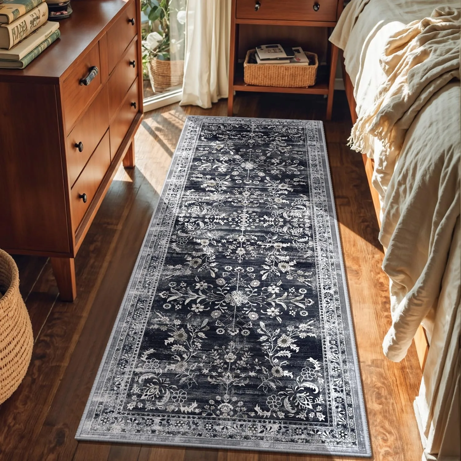 Aesthetic Boho Flower Printed Floor Mat Distressed Black Graphic Runner Anti-Slip Entrance Rug Home Decor Long Carpet