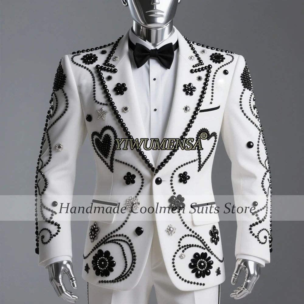 

Смокинг с черным жемчугом и бисером, мужской пиджак с остроконечными лацканами, вечерние пиджак для жениха, белые свадебные смокинги по индивидуальному заказу, комплект из 2 предметов, traje de hombre