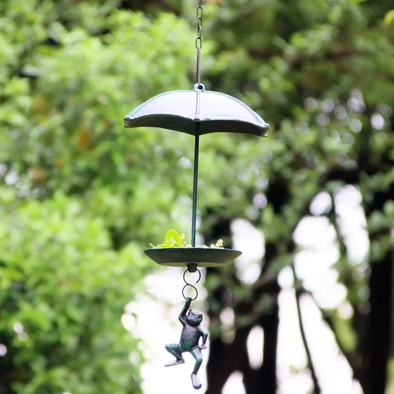 Antique Green Cast Iron Bird Feeder Hanging Umbrella Frog With Chain For Home Garden Outdoor Decoration Hand Crafted Bird Bath