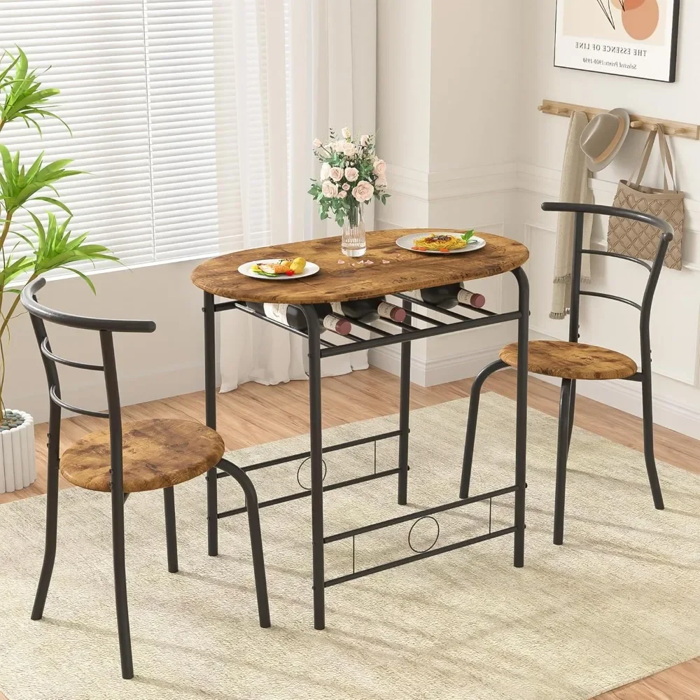 

Dining Table Set for Kitchen Breakfast Nook, Wood Grain Oval Tabletop and Metal Frame with Built-in Wine Rack, for Small Spaces