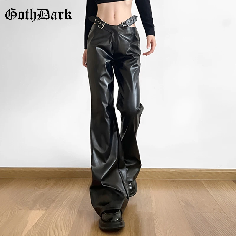 

Goth Dark Streetwear High Waist Metal Belt Flare Pants Y2K Grunge Faux Pu Leather Slim Trousers Women Mall Gothic Zip Long Pant