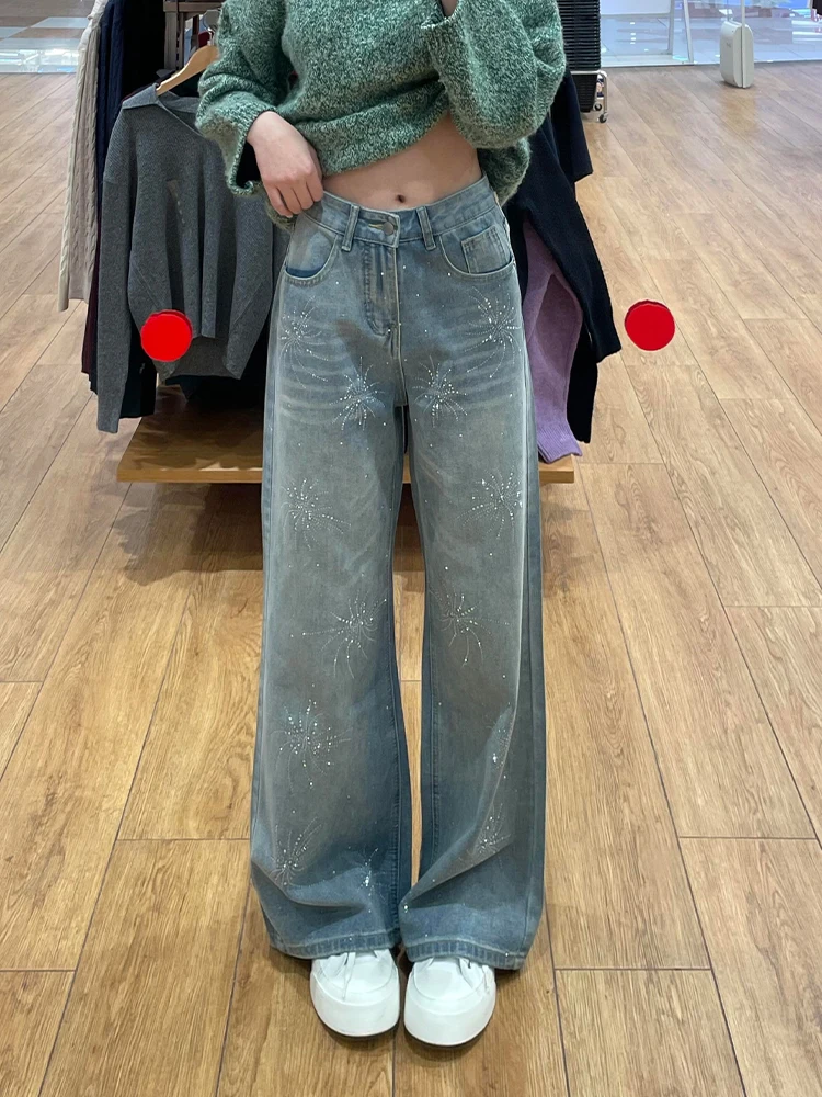 

American Sle Faion Design Women's Jeans High Waist Flared Diamond Splicing Long Trousers Spring New High Street Firework