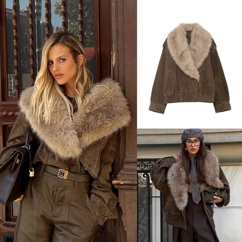 

HH женская осенне-зимняя утепленная куртка с меховым воротником и лацканами, текстура, винтажные коричневые повседневные замшевые укороченные пальто с длинными рукавами и боковыми карманами