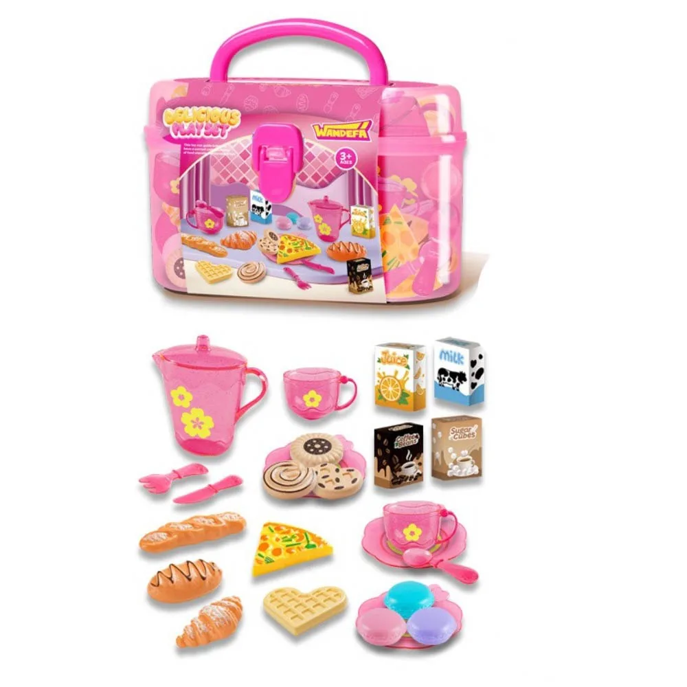 Chá tempo playset simulado cozinha playset com caso de armazenamento mesa lanche crianças fingir cozinhar brinquedo montessori fingir cozinhar