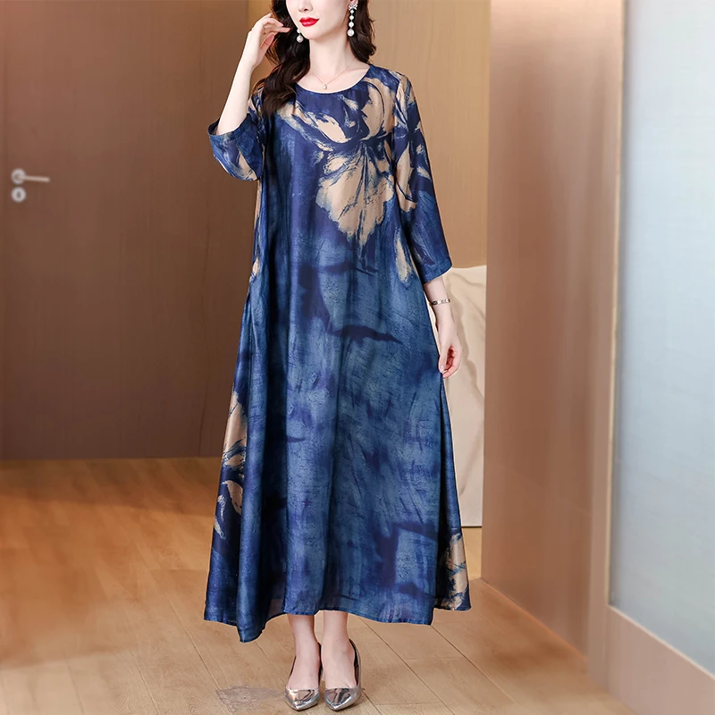 ヴィンテージプリントブルーシルクサテン高品質ドレスエレガントな女性のボディコン Vestidos 夏カジュアルプラスサイズミディドレス JJ15