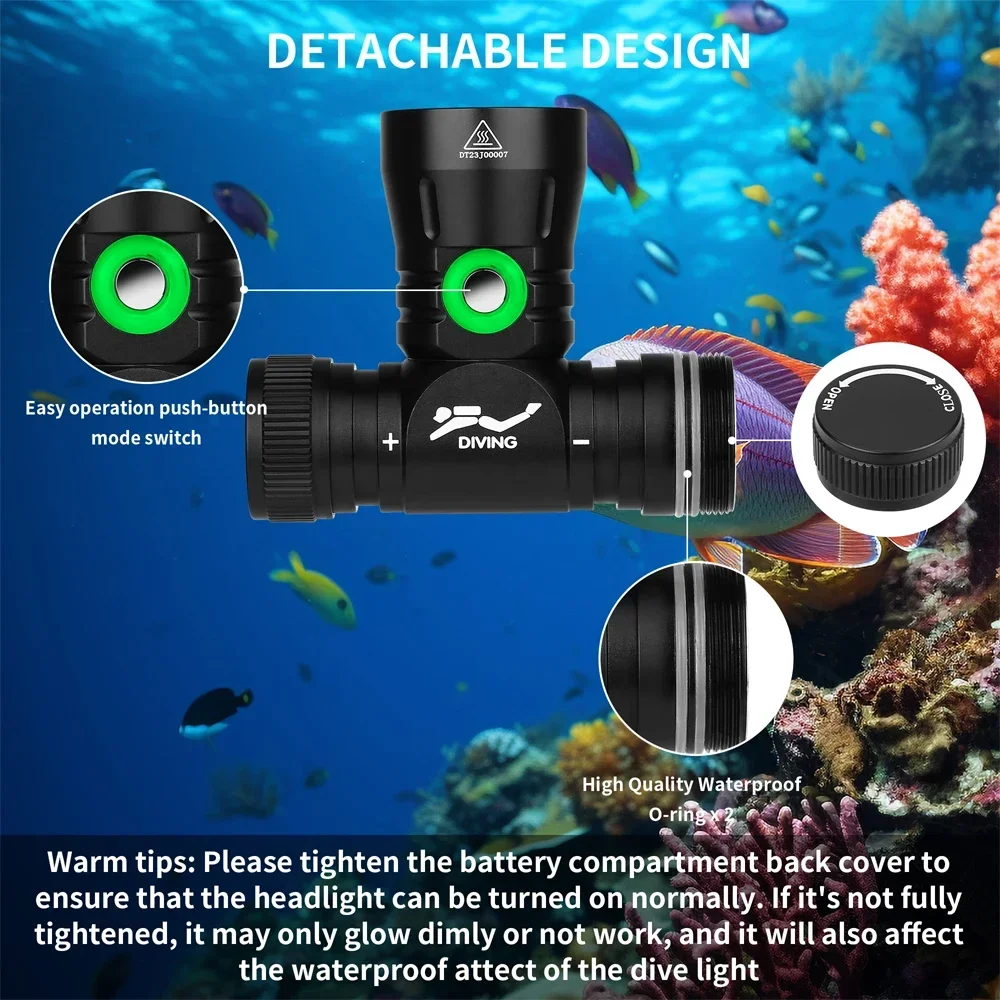 Super Bright LED Scuba Diving Farol de alta potência, IPX8 impermeável, subaquática, 200m, 18650 Bateria, tocha de cabeça de mergulho, 1000LM