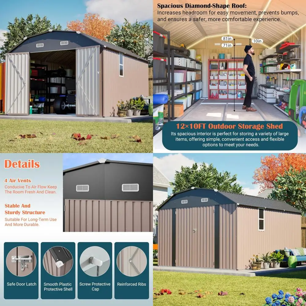 

Прочный металлический навес 10x12 с напольными, ромбовидной крышей, вентиляционными отверстиями, окном и запираемыми дверями.