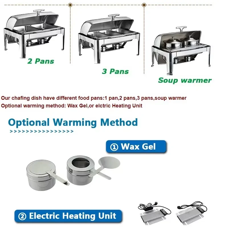 Stainless Steel Rectangular Roll Top Chafing Dish Buffet Server for Catering Hot Food Warmer Equipment Commercial Kitchen Use