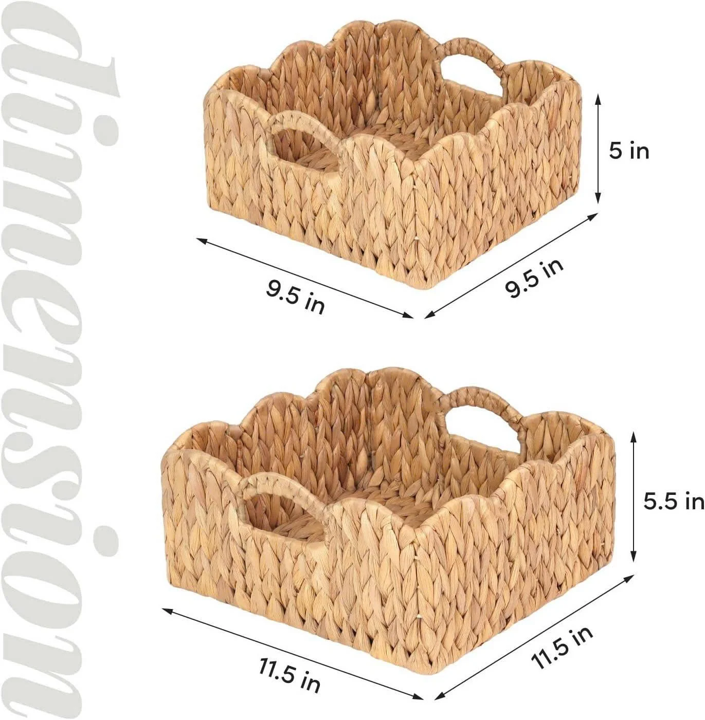 Wicker storage basket with scalloped edges, rectangular water hyacinth basket with built-in handle, for organizing woven rattan