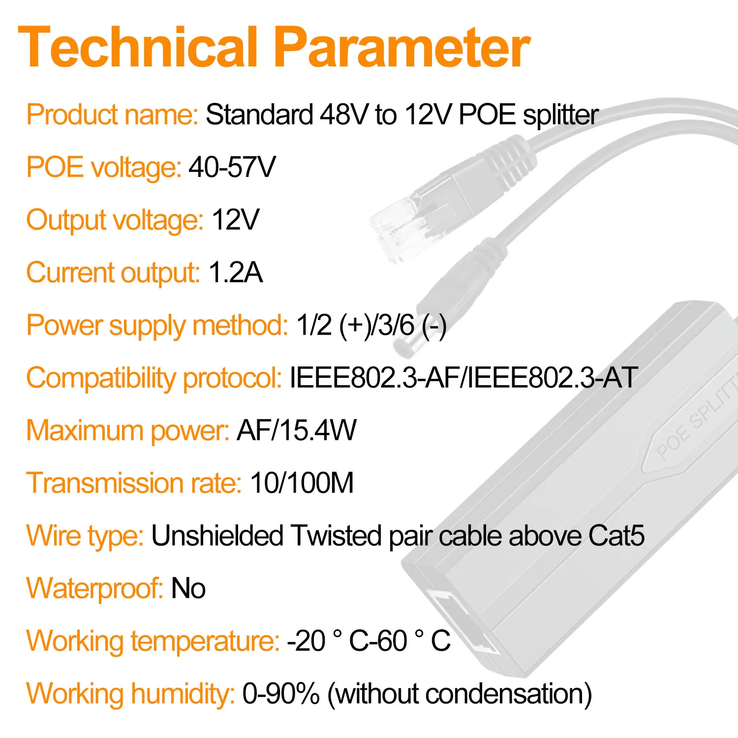 POE Splitter Adapter Active Adaptive Separator Cable Supply Module Injector Non-Isolated  48V to 12V DC For Video And Power 1.2A