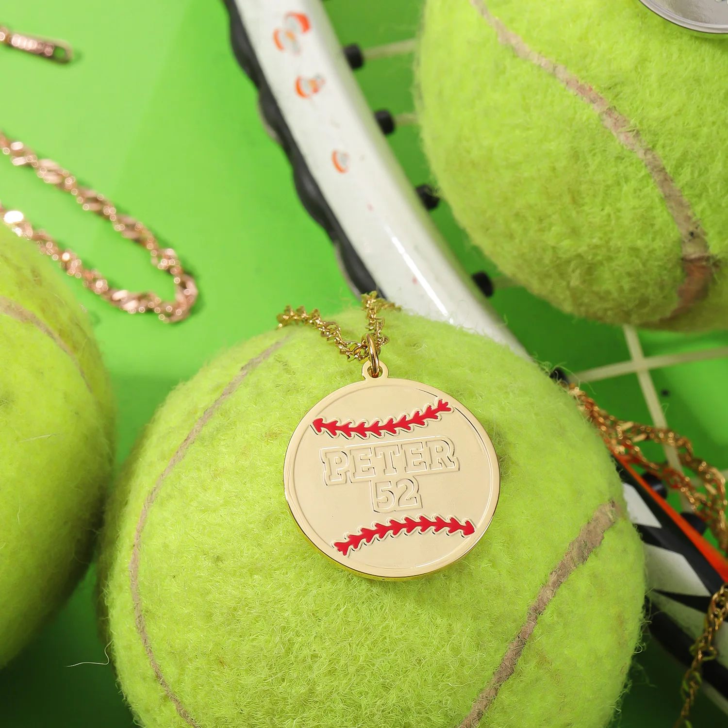 Custom Baseball Necklace Personalized Name And Number Engraved Ball - Shaped Pendant Gold - Plated Chain Jewelry Sports Themed