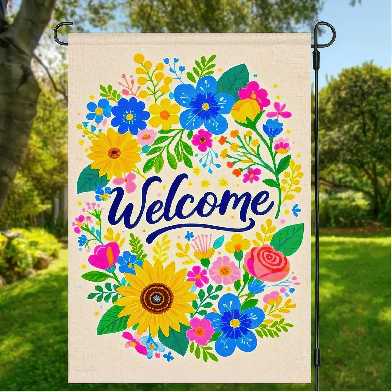 Summer Garden Flags 12x18 Double Sided Welcome Garden Flag Outdoor Flag Summer Banner Welcome with Colorful Flowers and Sunf SSL