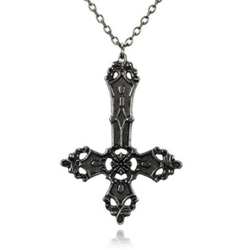 Goth Inverted Cross Necklace Christian Satanic Upside Down Supernatural Gothic Pentagram Steampunk Choker Men Women Gift Bijoux