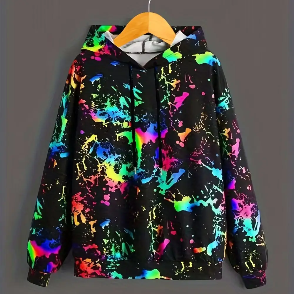 2024 Colorful Spray Painted Printed Women\'s Hoodie Suitable For Autumn Drawstring And Pocket Casual Long Sleeved Sweatshirt