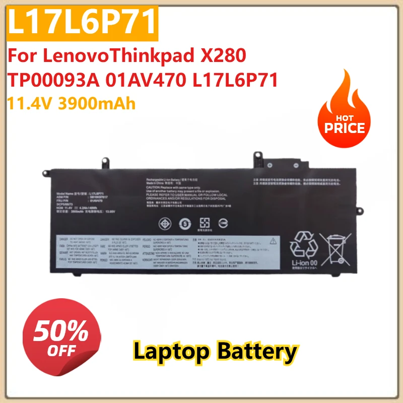 

For LenovoThinkpad X280 TP00093A 01AV470 L17L6P71 Replacement Laptop Battery L17L6P71 11.4V 3900mAh