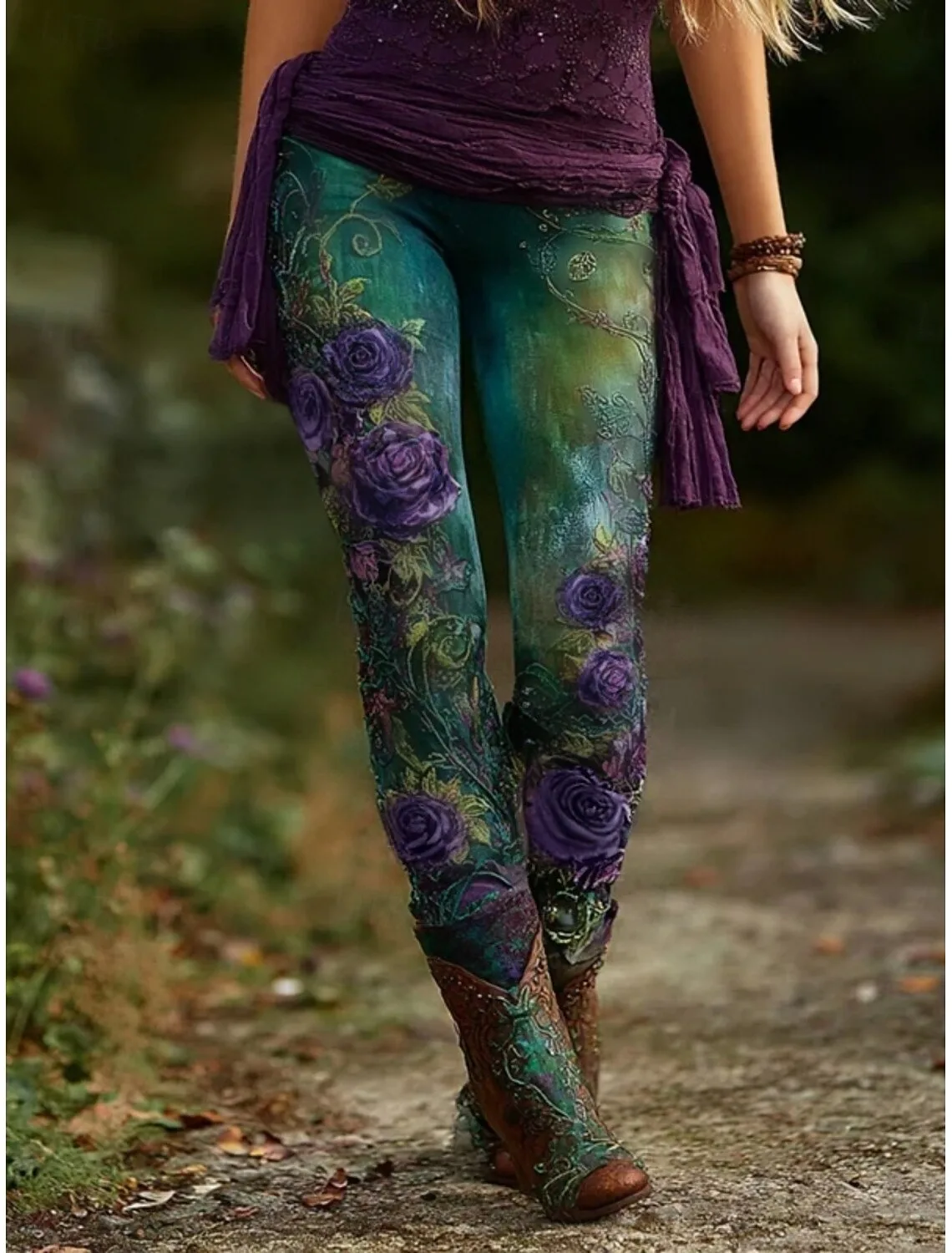 

Женские брюки с цветочным принтом, уютные леггинсы, повседневные эластичные леггинсы в стиле бохо, полной длины, с эластичной талией, для отпуска, улицы и повседневной носки