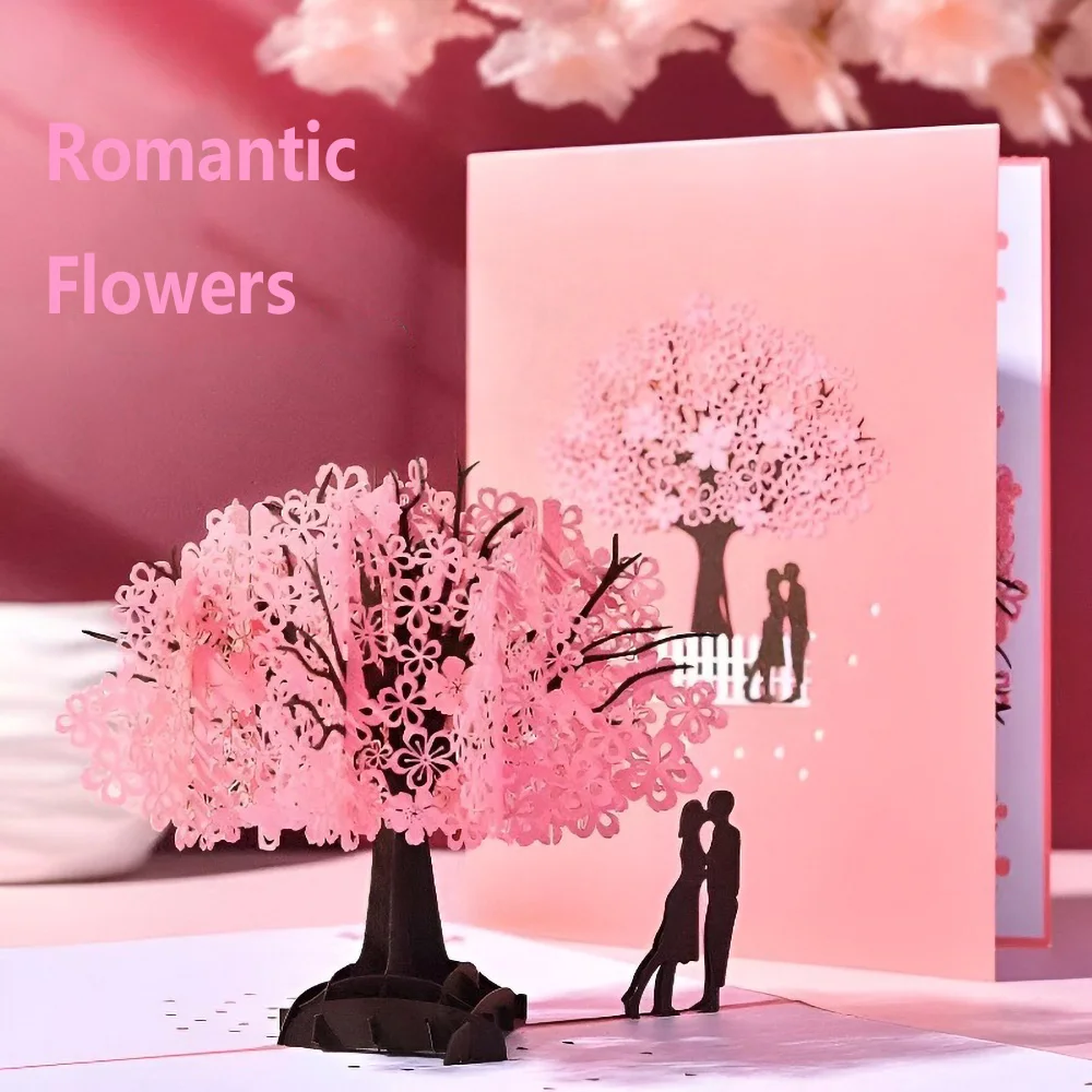 Exquisite 3D Pop Up Pfirsichblütenbaum Grußkarte Geburtstagsgeschenke Rose Blumen Kuchen Postkarte für Kinder zum Segen Lehrer