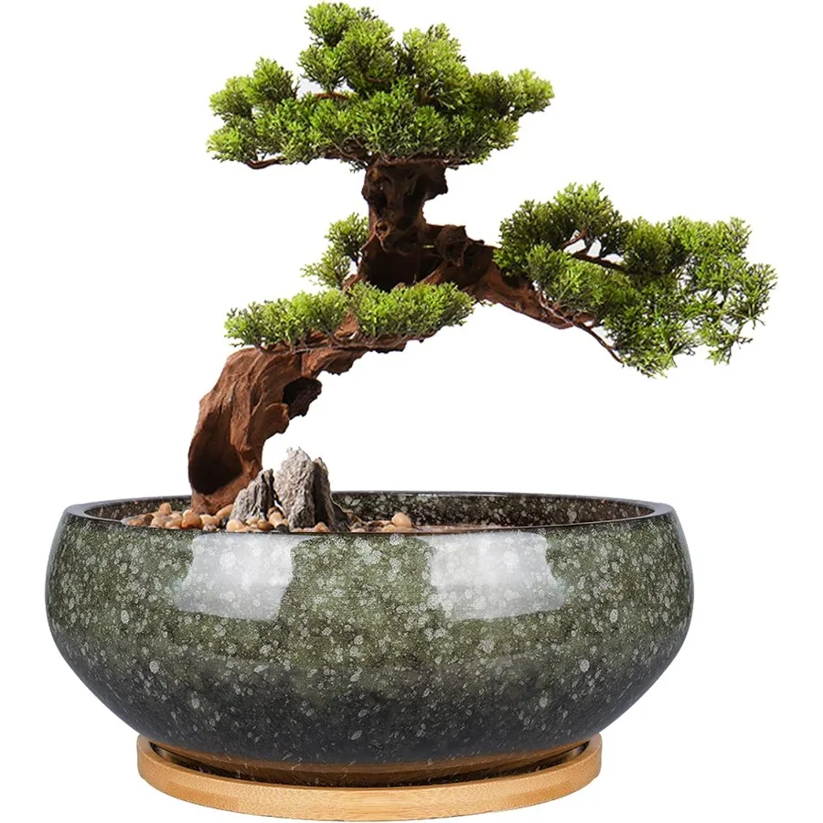 

8 Inch Ceramic Bonsai Planter Pot Glazed Shallow Succulent Planter with Drainage Hole and Bamboo Saucer for Indoor Plants Brown