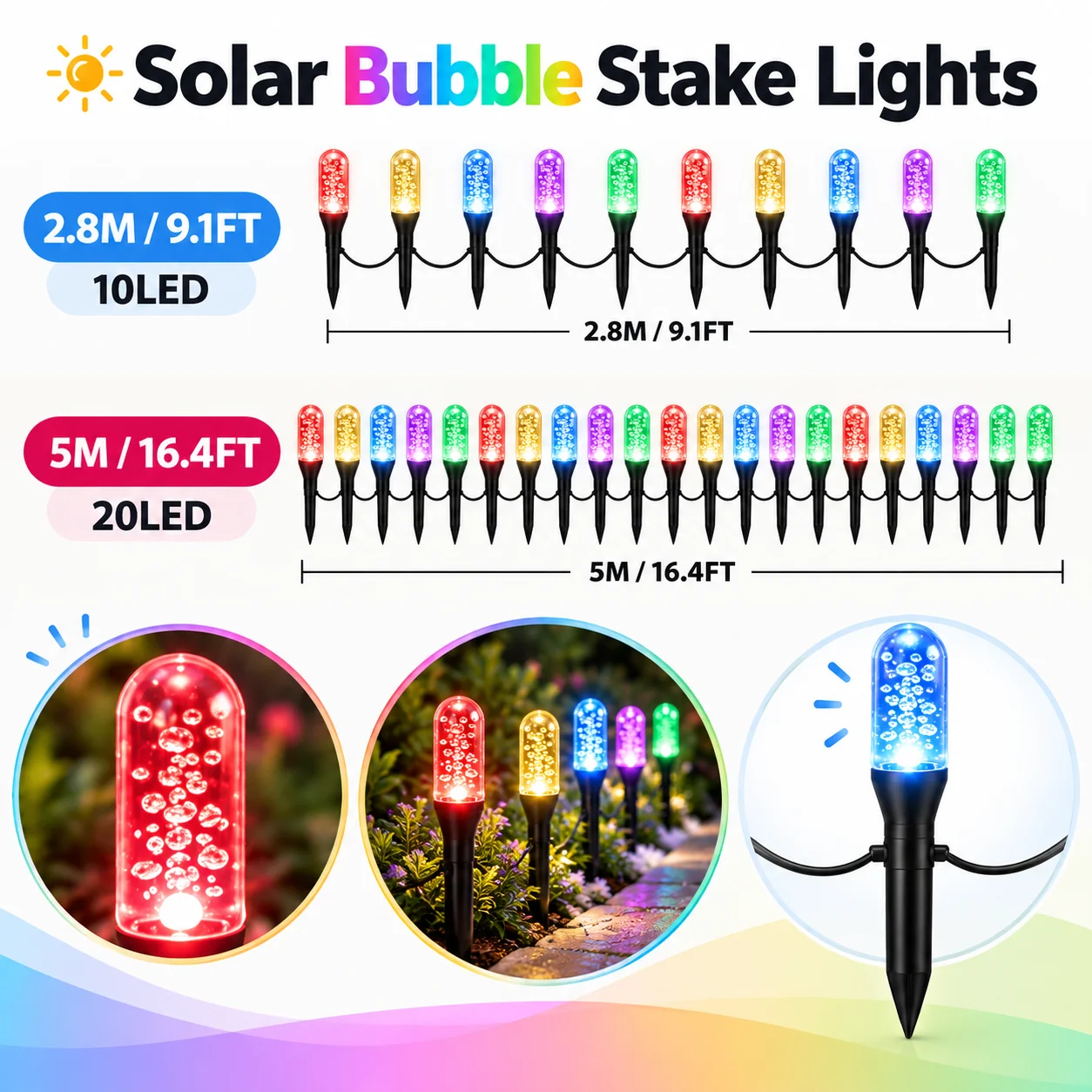 Christmas Pathway Lights Solar Bubble Tube Stakes 2.8M/10LED 5M/20LED Auto On for Garden Lawn Yard Patio Party Holiday Decor