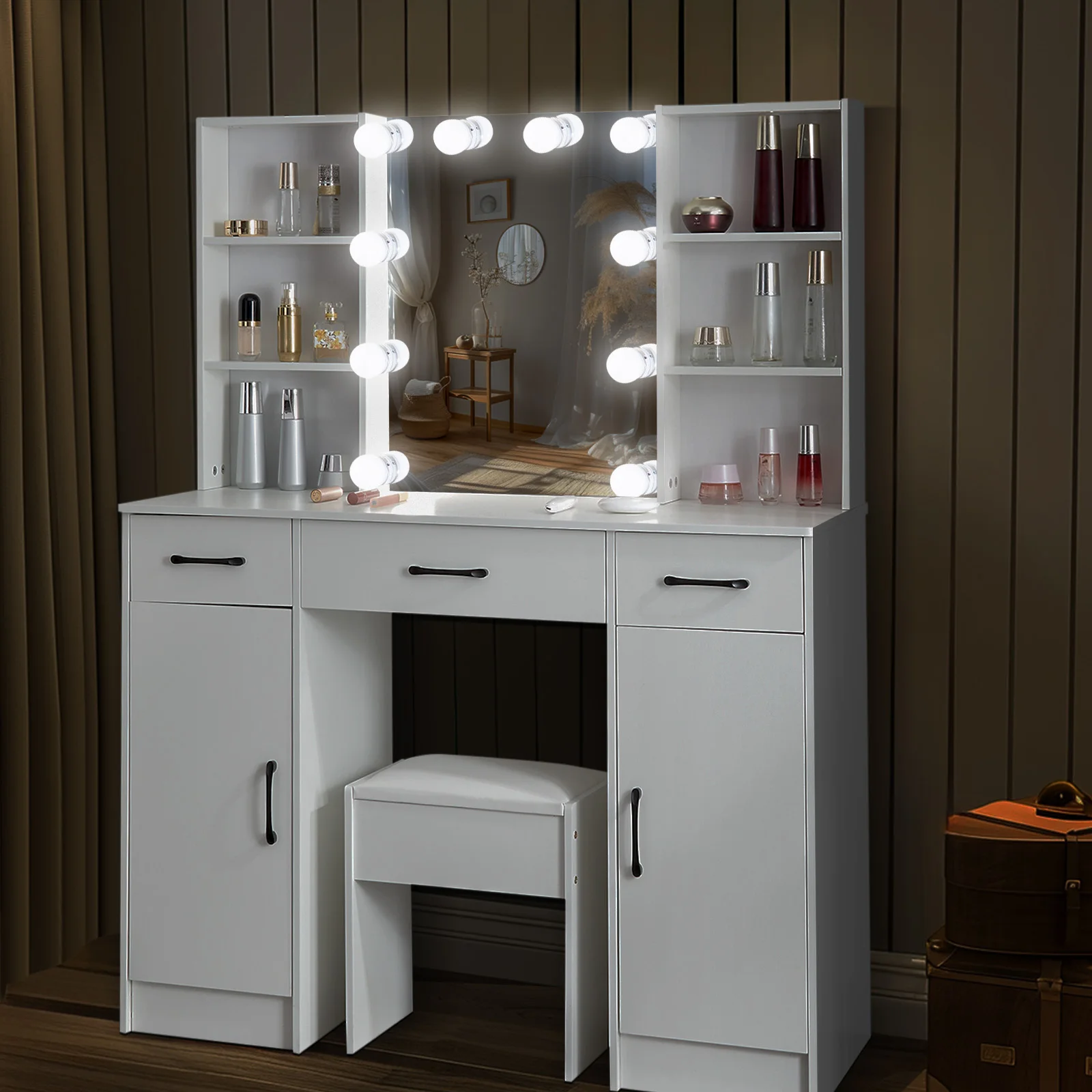 Dressing Table With 3-Colour Adjustable Brightness LED Lighted Mirror 3 Drawers Vanity Stool Makeup Desk Bedroom Furniture