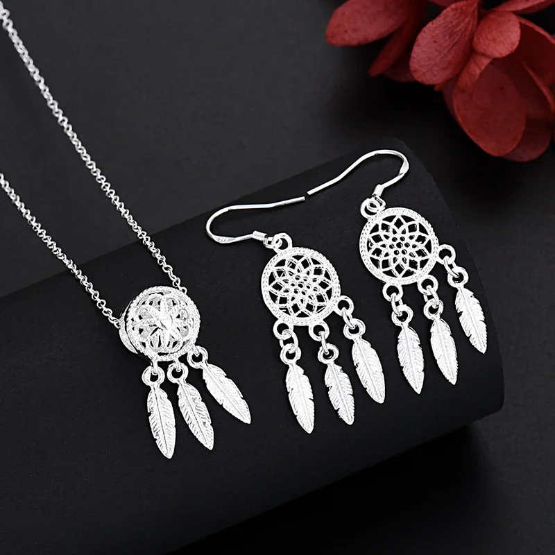 

Cute Fine 925 Sterling Silver Charms Necklace Earring Jewelry for Women lady Retro Set Wedding Gift TRENDY