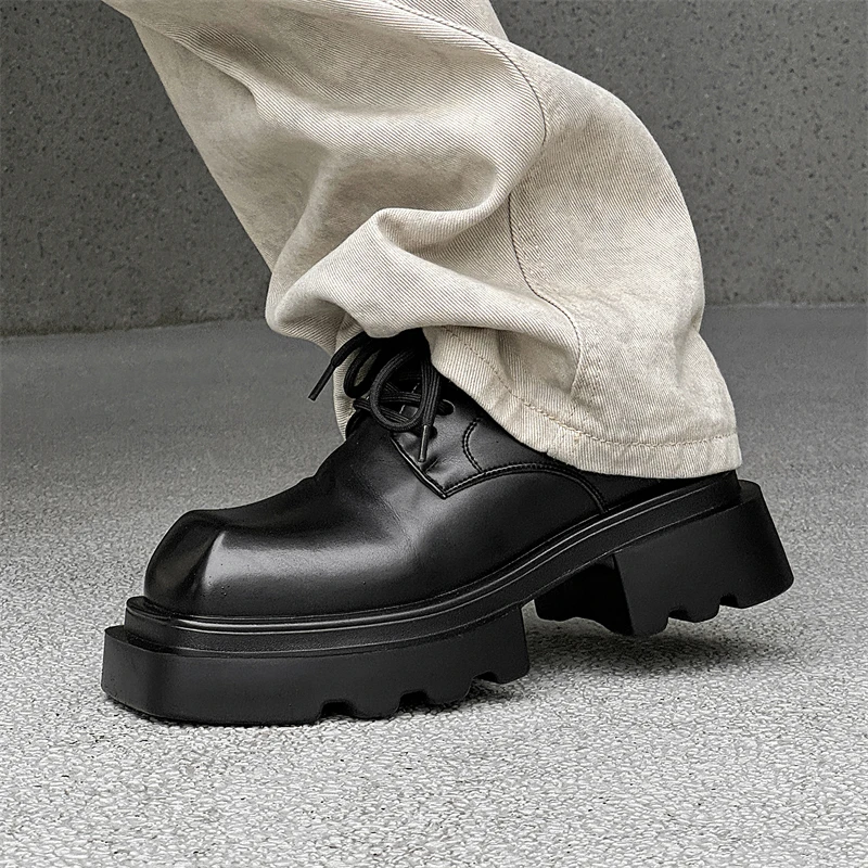 Derby Square headed men\'s leather shoes Trendy minimalist style Fashion Party office Outdoor leisure youth thick soled shoes Hot