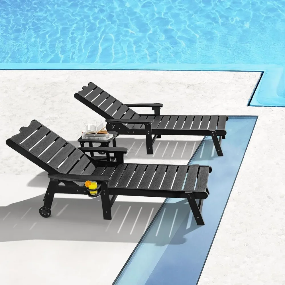 

Patio Chaise Lounge Set of 2, Outdoor Lounge Chairs with 5-Level Adjustable Backrest, CupHolder, No Fade, 350lbs Capacity
