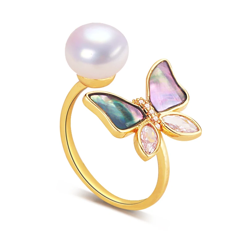 

ZHBORUINI Cauuev Genuine 100% Natural Freshwater Pearl Ring 14K Gold Plating Fashionable Abalone Shell Butterfly Ring Adjustabl