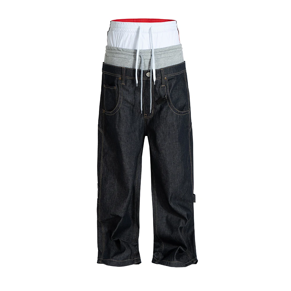 Streetwear Multi-material Color-blocking patchwork Original Denim Three Waist Pants Patchwork Straight Baggy Jeans Trousers