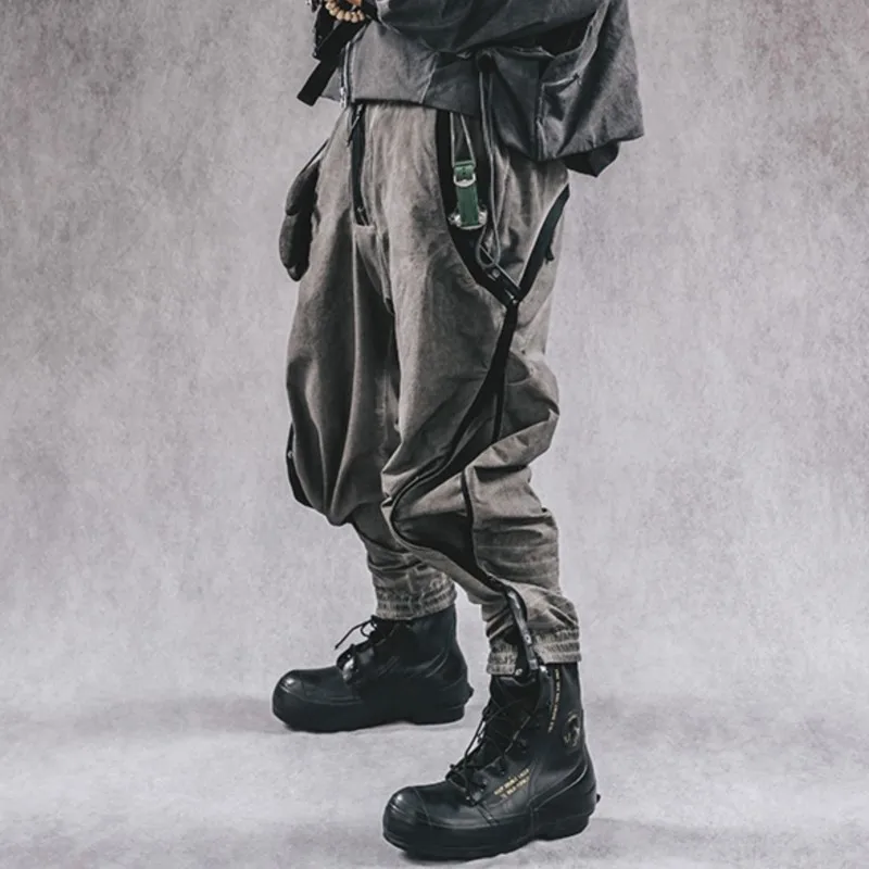 

Wasteland Style Pants mid-waist men's And women's Pants Casual Techwear Do Old Dirty Dyed Rivets Zipper Stretch