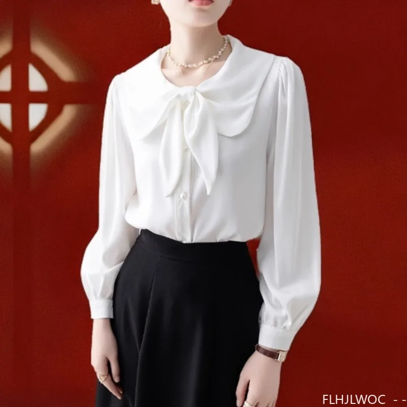 Bow Tie Tops ผู้หญิงเกาหลีสไตล์เสื้อผ้าแขนยาว Elegant Office Lady น่ารักริบบิ้นหวาน Basic เสื้อสีขาวเสื้อ